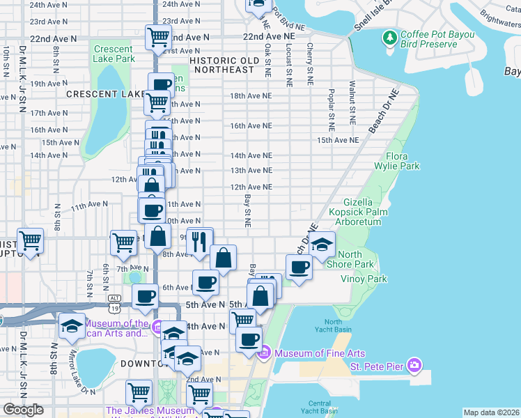 map of restaurants, bars, coffee shops, grocery stores, and more near 250 11th Avenue Northeast in St. Petersburg