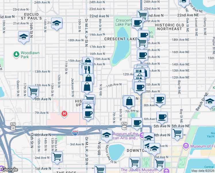 map of restaurants, bars, coffee shops, grocery stores, and more near 745 11th Avenue North in St. Petersburg