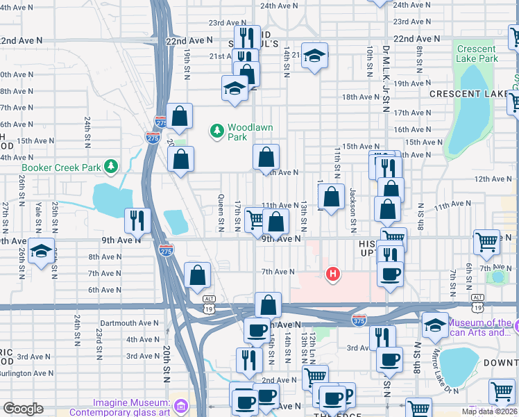 map of restaurants, bars, coffee shops, grocery stores, and more near 1101 16th Street North in St. Petersburg