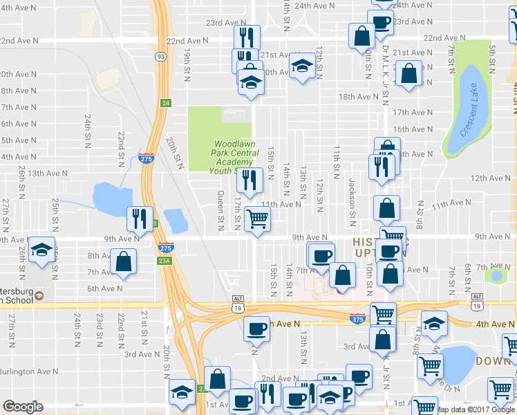 map of restaurants, bars, coffee shops, grocery stores, and more near 1101 16th Street North in St. Petersburg