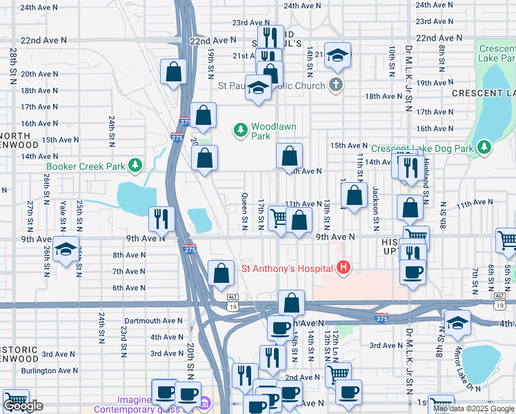 map of restaurants, bars, coffee shops, grocery stores, and more near 1048 17th Street North in St. Petersburg