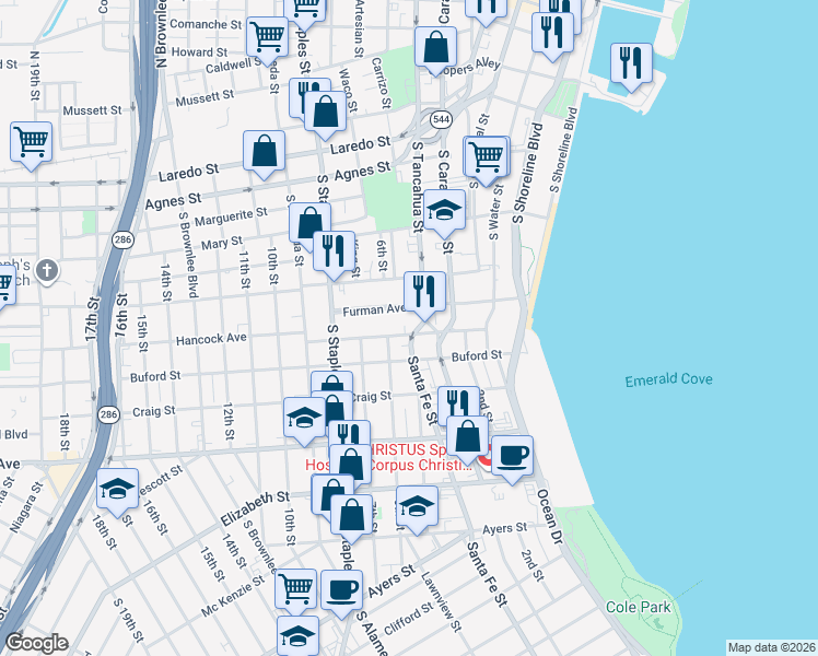 map of restaurants, bars, coffee shops, grocery stores, and more near 817 Furman Avenue in Corpus Christi
