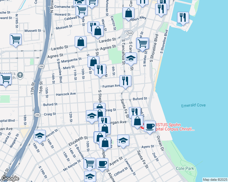 map of restaurants, bars, coffee shops, grocery stores, and more near 817 Furman Avenue in Corpus Christi