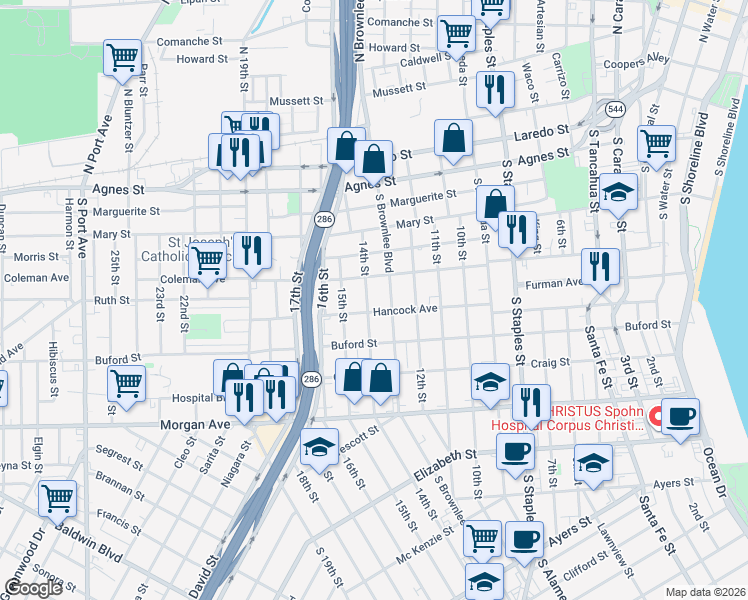 map of restaurants, bars, coffee shops, grocery stores, and more near 909 14th Street in Corpus Christi
