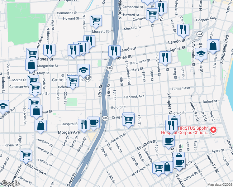 map of restaurants, bars, coffee shops, grocery stores, and more near 909 14th Street in Corpus Christi