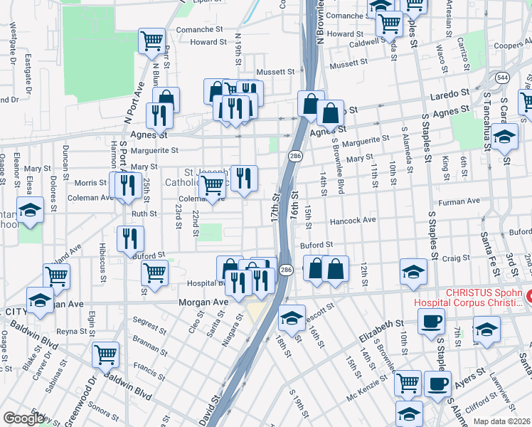map of restaurants, bars, coffee shops, grocery stores, and more near 809 17th Street in Corpus Christi