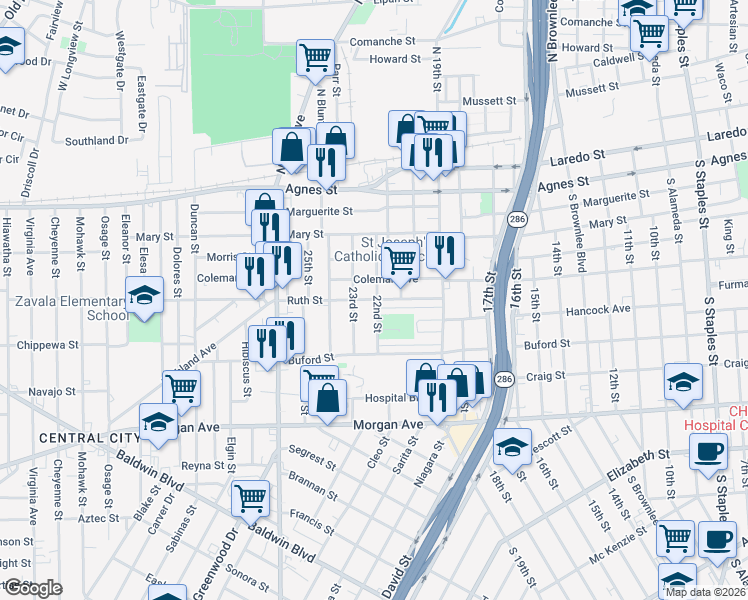 map of restaurants, bars, coffee shops, grocery stores, and more near 2424 Ruth Street in Corpus Christi