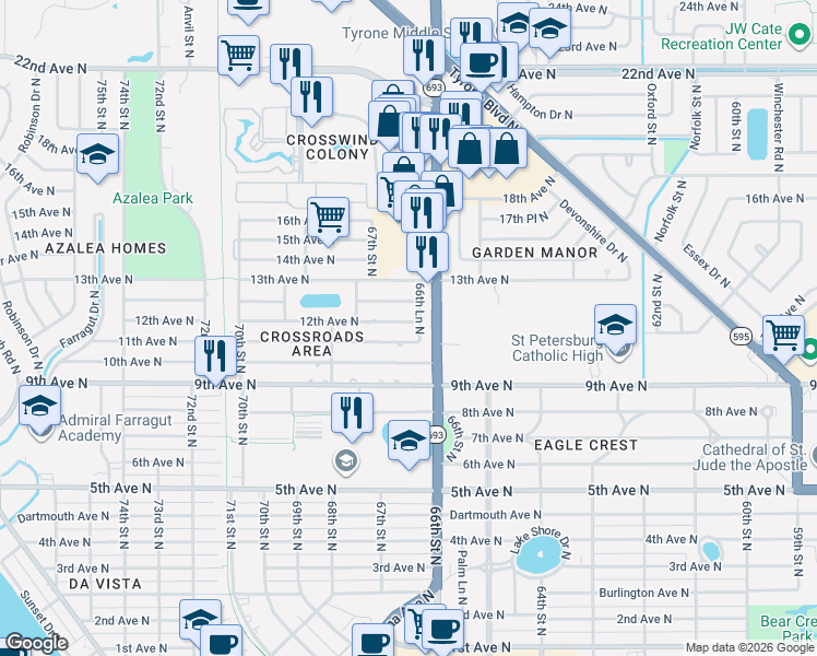 map of restaurants, bars, coffee shops, grocery stores, and more near 6632 12th Avenue North in St. Petersburg