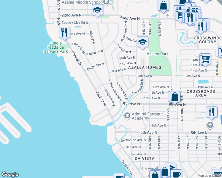 map of restaurants, bars, coffee shops, grocery stores, and more near 1109 Country Club Road North in St. Petersburg