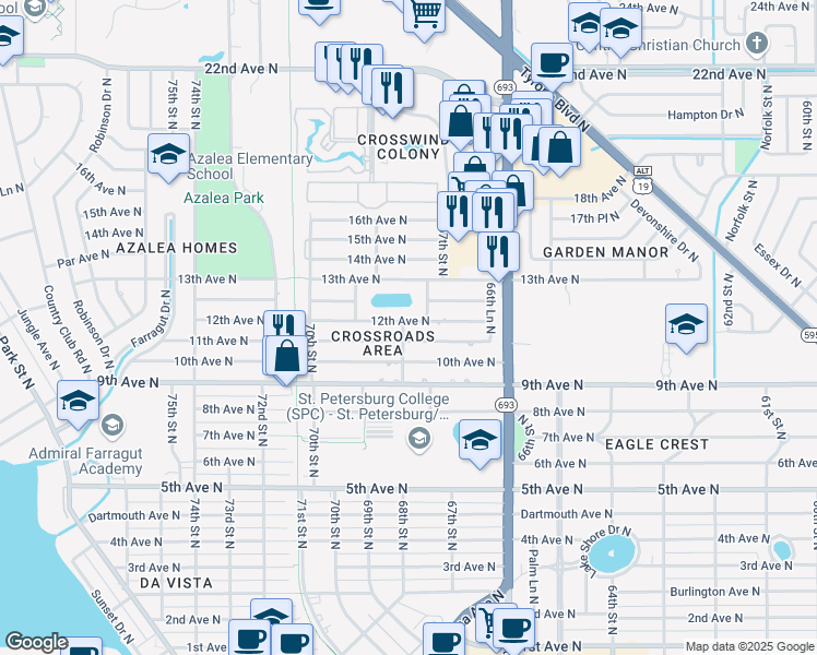 map of restaurants, bars, coffee shops, grocery stores, and more near 6778 12th Ave N in St Petersburg