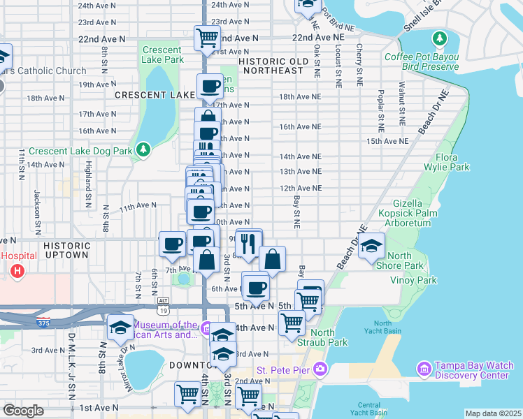 map of restaurants, bars, coffee shops, grocery stores, and more near 112 11th Avenue North in St. Petersburg