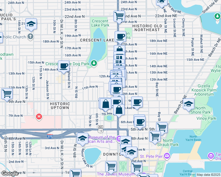 map of restaurants, bars, coffee shops, grocery stores, and more near 451 Joyce Terrace North in St. Petersburg