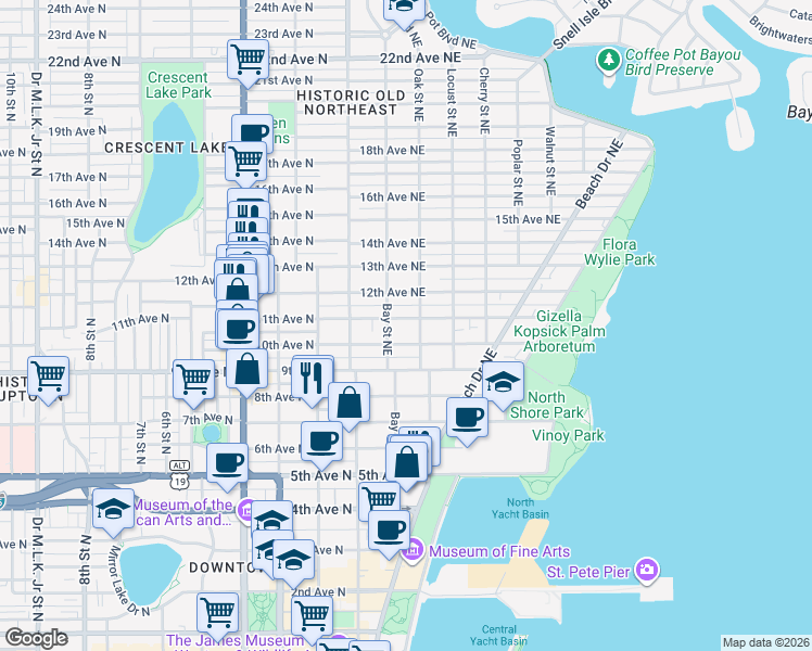 map of restaurants, bars, coffee shops, grocery stores, and more near 250 11th Avenue Northeast in St. Petersburg