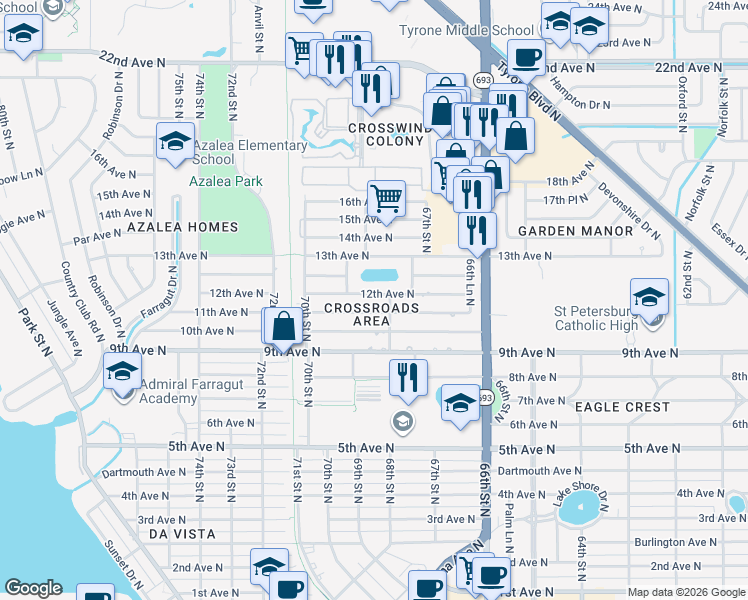 map of restaurants, bars, coffee shops, grocery stores, and more near 6778 12th Avenue North in St. Petersburg