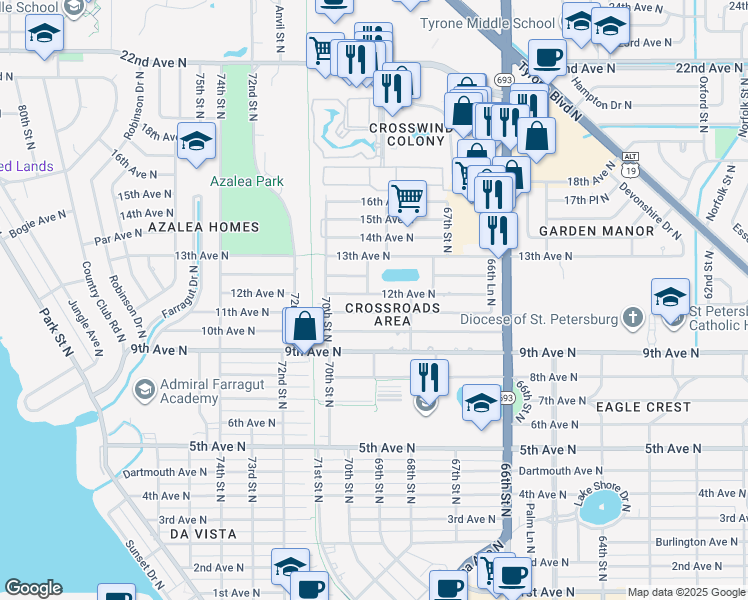 map of restaurants, bars, coffee shops, grocery stores, and more near 6870 12th Avenue North in St. Petersburg