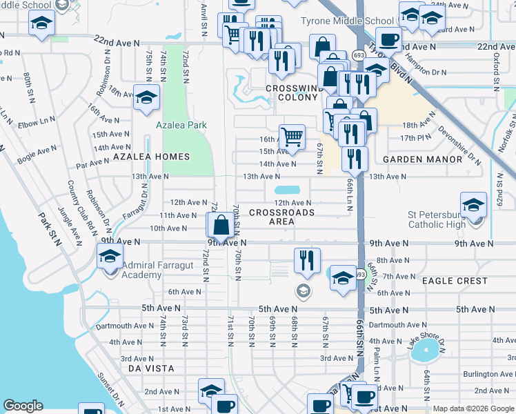 map of restaurants, bars, coffee shops, grocery stores, and more near 6960 12th Avenue North in St. Petersburg