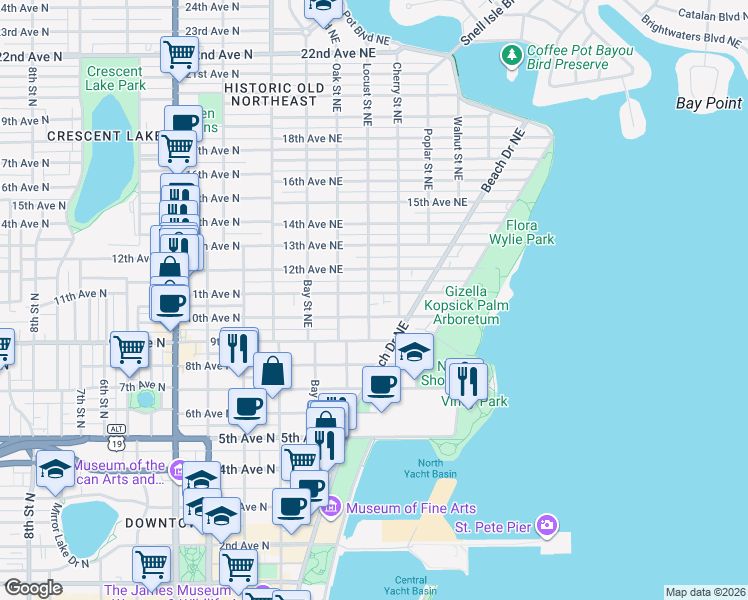 map of restaurants, bars, coffee shops, grocery stores, and more near 1056 Locust Street Northeast in St. Petersburg