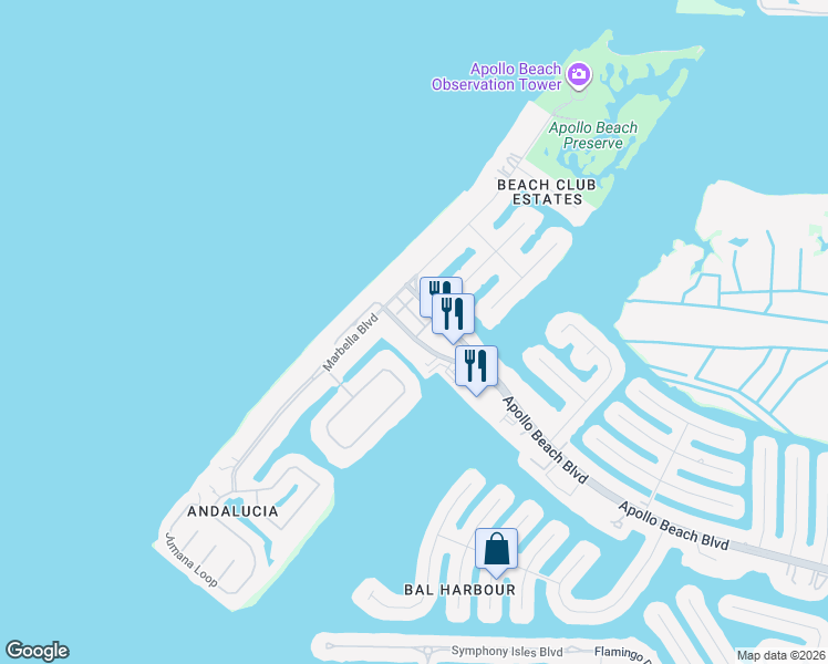 map of restaurants, bars, coffee shops, grocery stores, and more near 6404 Margarita Shores Lane in Apollo Beach