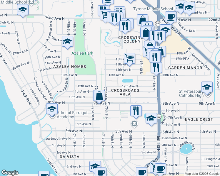 map of restaurants, bars, coffee shops, grocery stores, and more near 6960 12th Avenue North in St. Petersburg