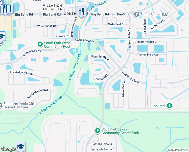 map of restaurants, bars, coffee shops, grocery stores, and more near 13917 Chalk Hill Place in Riverview