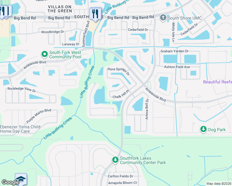 map of restaurants, bars, coffee shops, grocery stores, and more near 13925 Chalk Hill Place in Riverview