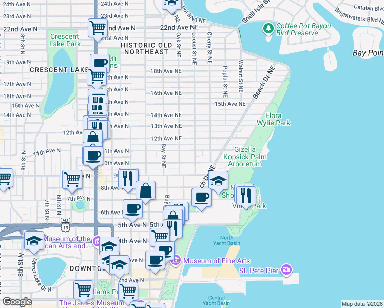 map of restaurants, bars, coffee shops, grocery stores, and more near 1056 Locust Street Northeast in St. Petersburg