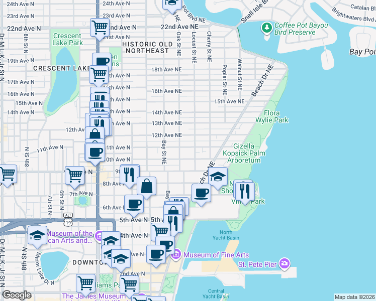 map of restaurants, bars, coffee shops, grocery stores, and more near 1056 Locust Street Northeast in St. Petersburg