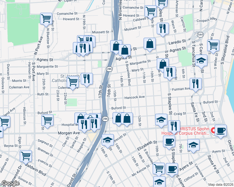 map of restaurants, bars, coffee shops, grocery stores, and more near 909 14th Street in Corpus Christi
