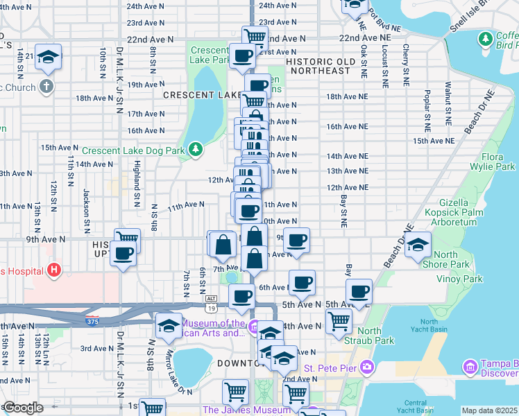 map of restaurants, bars, coffee shops, grocery stores, and more near 322 11th Avenue North in St. Petersburg