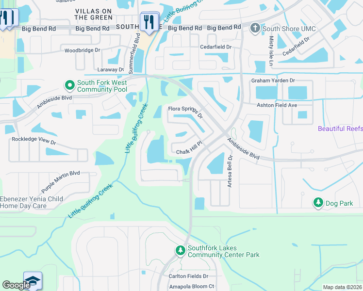 map of restaurants, bars, coffee shops, grocery stores, and more near 13925 Chalk Hill Place in Riverview