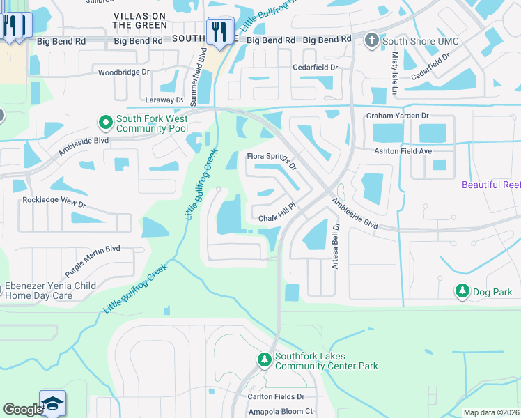 map of restaurants, bars, coffee shops, grocery stores, and more near 13921 Chalk Hill Place in Riverview