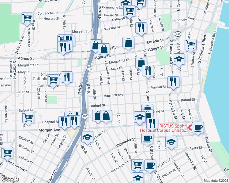 map of restaurants, bars, coffee shops, grocery stores, and more near 902 South Brownlee Boulevard in Corpus Christi