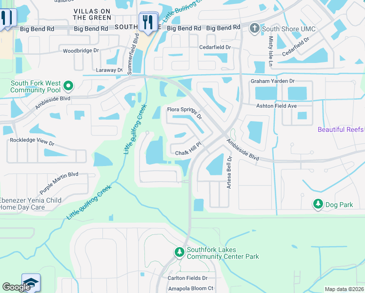 map of restaurants, bars, coffee shops, grocery stores, and more near 13927 Chalk Hill Place in Riverview