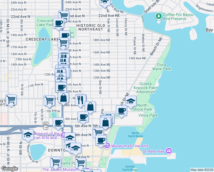 map of restaurants, bars, coffee shops, grocery stores, and more near 250 11th Avenue Northeast in St. Petersburg