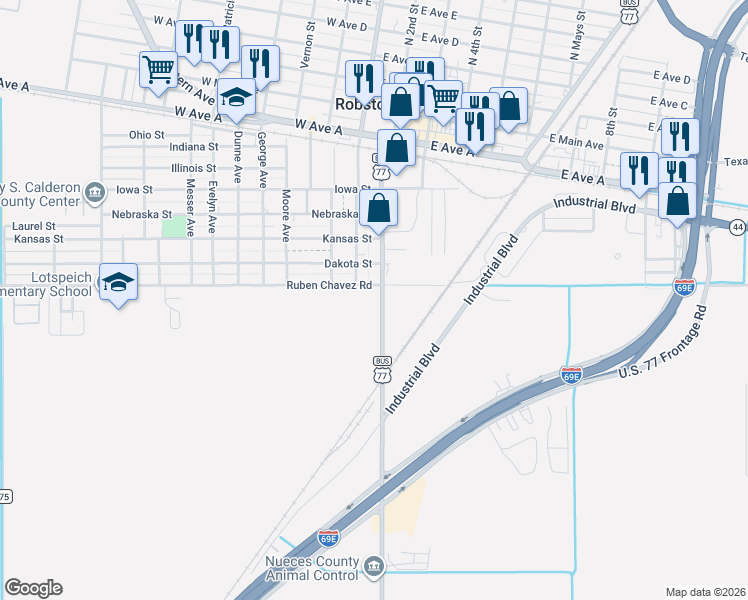 map of restaurants, bars, coffee shops, grocery stores, and more near in Robstown