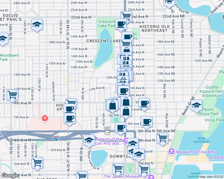 map of restaurants, bars, coffee shops, grocery stores, and more near 520 11th Avenue North in St. Petersburg