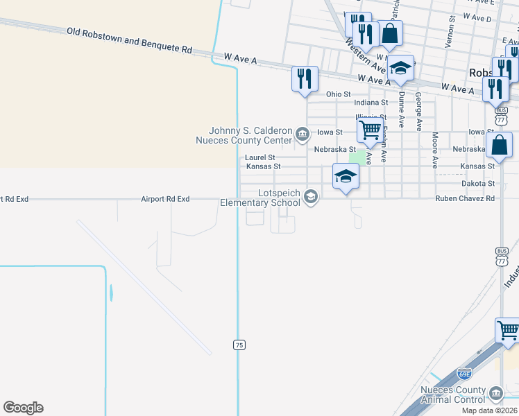 map of restaurants, bars, coffee shops, grocery stores, and more near 1004 John Wayne Drive in Robstown