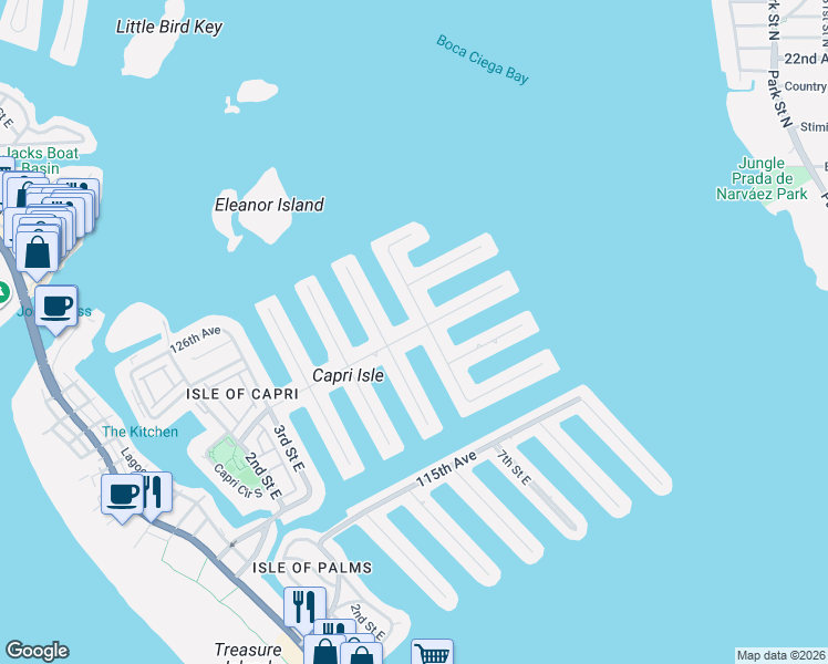 map of restaurants, bars, coffee shops, grocery stores, and more near 620 Capri Boulevard in Treasure Island