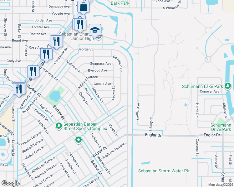 map of restaurants, bars, coffee shops, grocery stores, and more near 402 Kendall Avenue in Sebastian