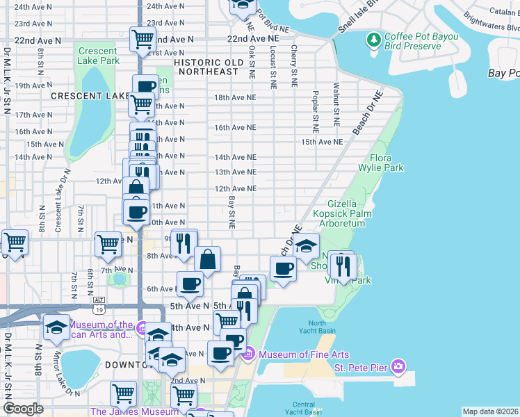 map of restaurants, bars, coffee shops, grocery stores, and more near 1056 Locust Street Northeast in St. Petersburg