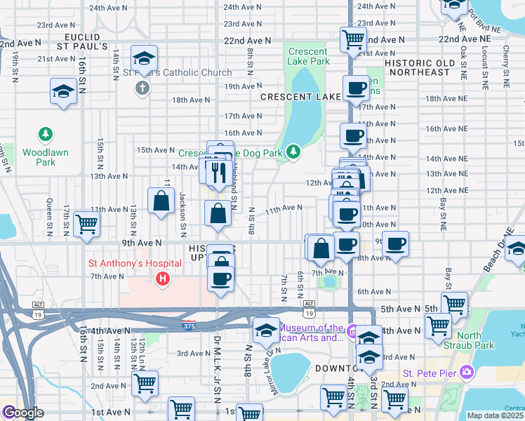 map of restaurants, bars, coffee shops, grocery stores, and more near 745 11th Avenue North in Saint Petersburg