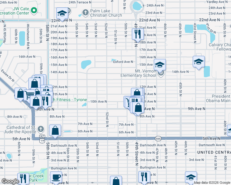 map of restaurants, bars, coffee shops, grocery stores, and more near 5011 11th Avenue North in St. Petersburg