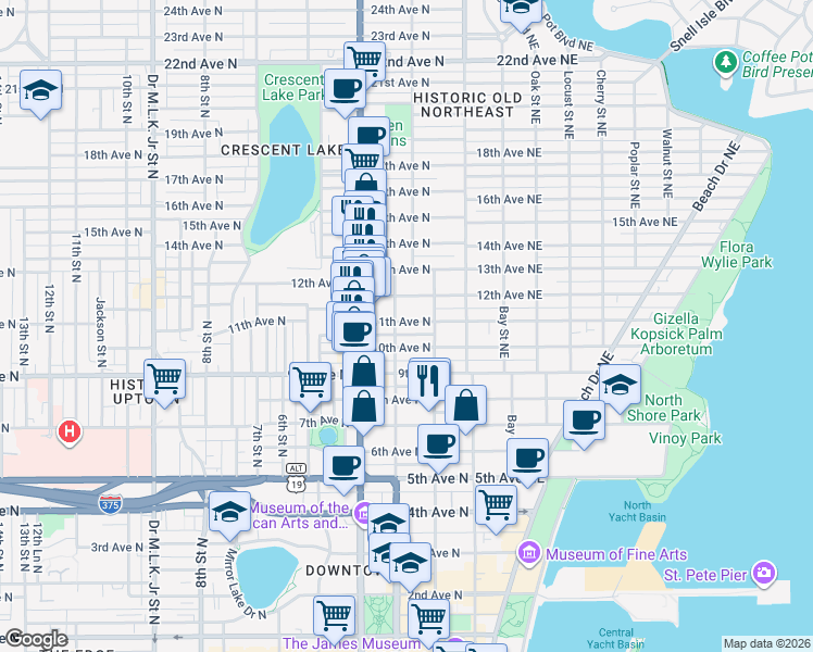 map of restaurants, bars, coffee shops, grocery stores, and more near 218 11th Avenue North in St. Petersburg