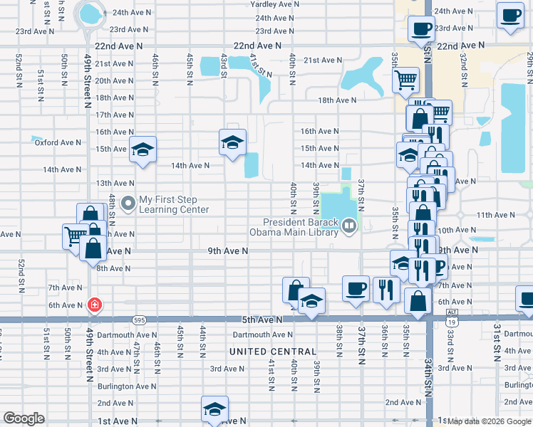 map of restaurants, bars, coffee shops, grocery stores, and more near 4101 11th Avenue North in St. Petersburg
