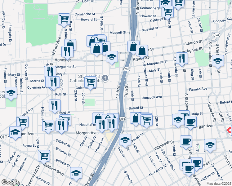 map of restaurants, bars, coffee shops, grocery stores, and more near 809 17th Street in Corpus Christi