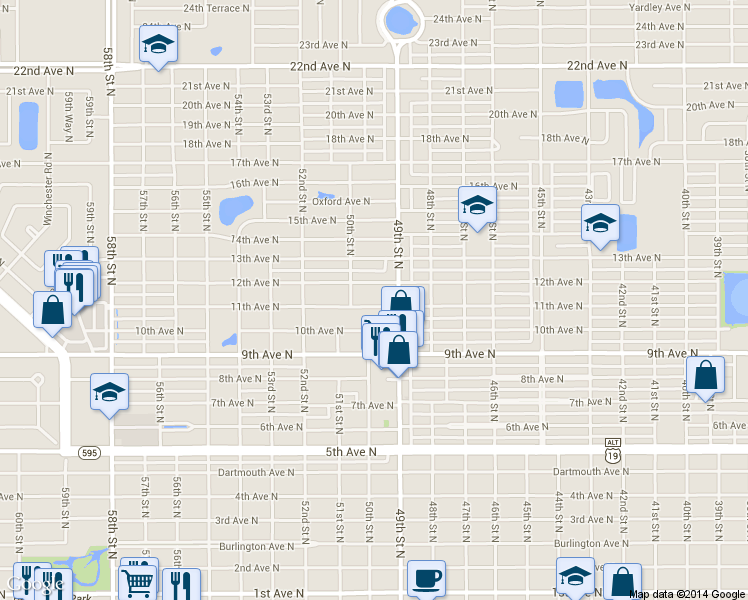 map of restaurants, bars, coffee shops, grocery stores, and more near 4945 11th Ave N in St Petersburg