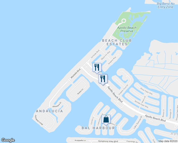 map of restaurants, bars, coffee shops, grocery stores, and more near 6410 Margarita Shores Lane in Apollo Beach