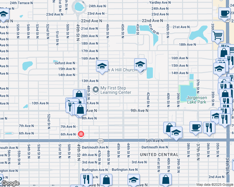 map of restaurants, bars, coffee shops, grocery stores, and more near 4553 11th Avenue North in St. Petersburg