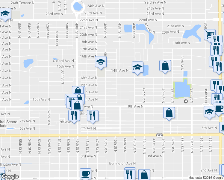 map of restaurants, bars, coffee shops, grocery stores, and more near 4553 11th Avenue North in St. Petersburg