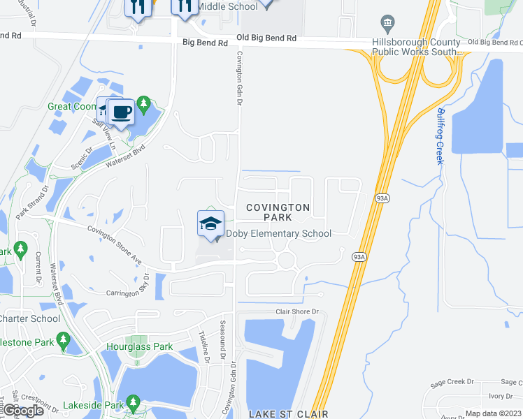 map of restaurants, bars, coffee shops, grocery stores, and more near 7621 Clovelly Park Place in Apollo Beach